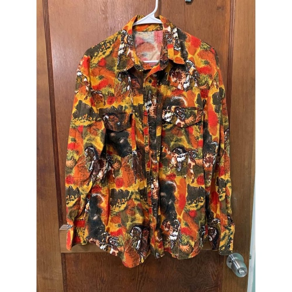 Vintage unisex unbranded rodeo shirt Native American cowboy print black pearl sn